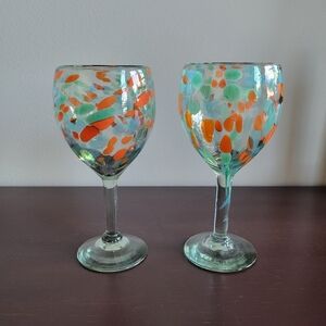 Novica Handblown Coral Teal Stemmed Wine Glasses from Mexico, Set of 2